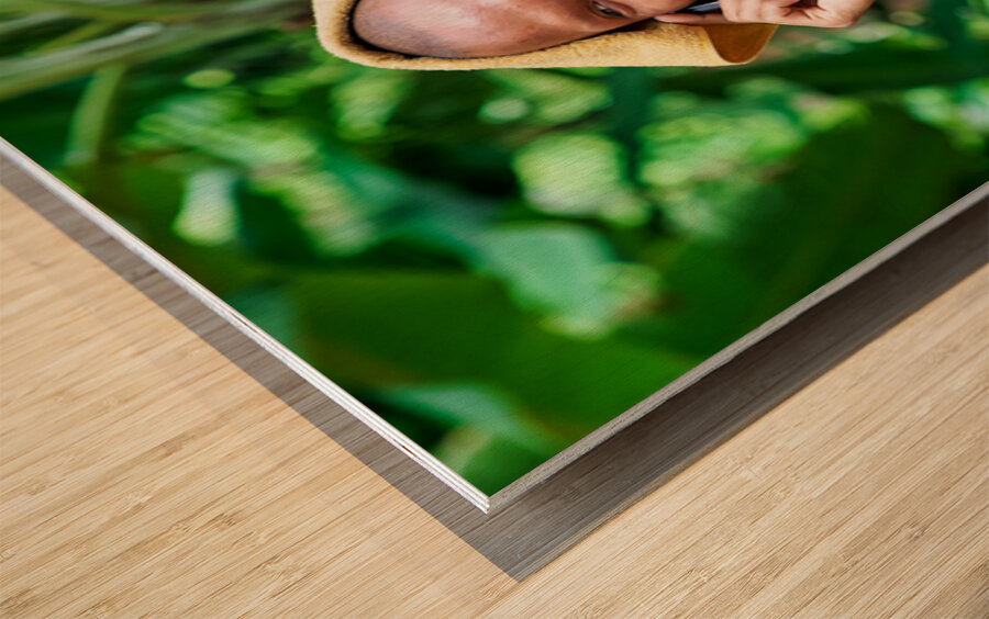 Smiling monk talks on phone with towel on head. Wood print
