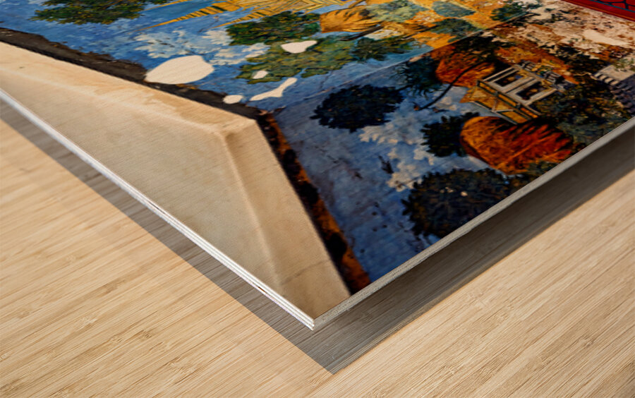 Vibrant aged mural depicting traditional temple scenes with peo Wood print