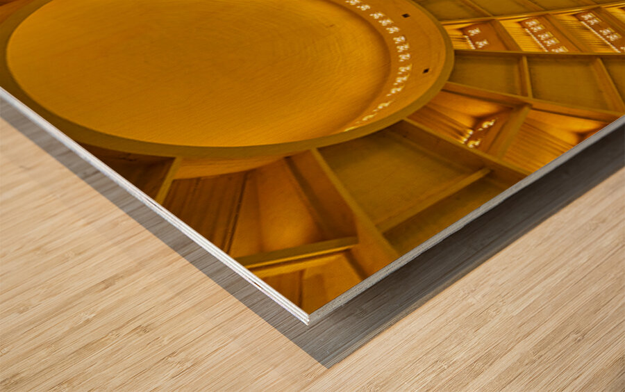 Grand domed market interior with central clock and bustling stal Wood print