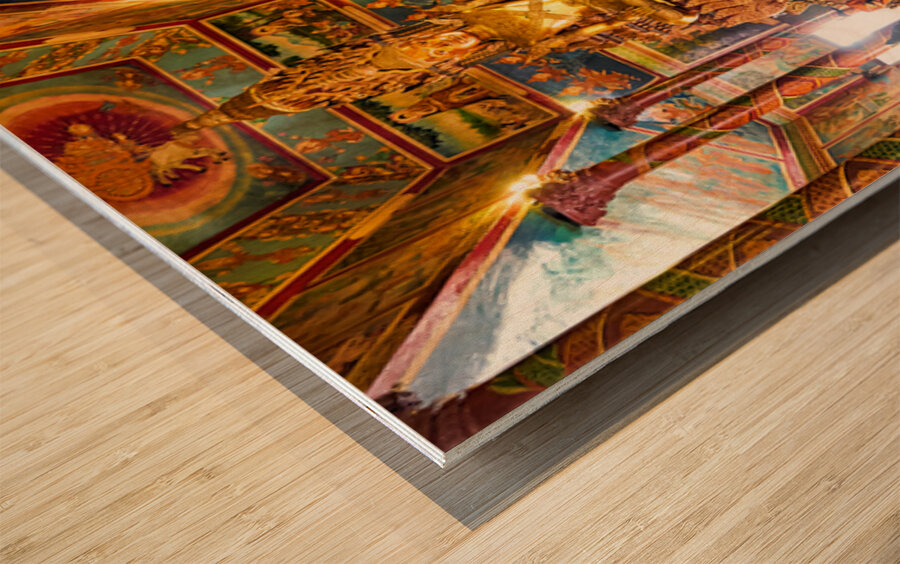 Golden Buddha statues and offerings in an ornate temple. Wood print