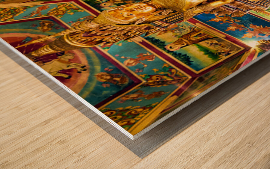 Ornate golden Buddha statue in a richly decorated temple. Wood print