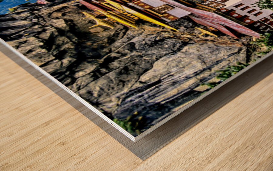 Iconic Bhutanese monastery on a cliff surrounded by prayer flag Wood print