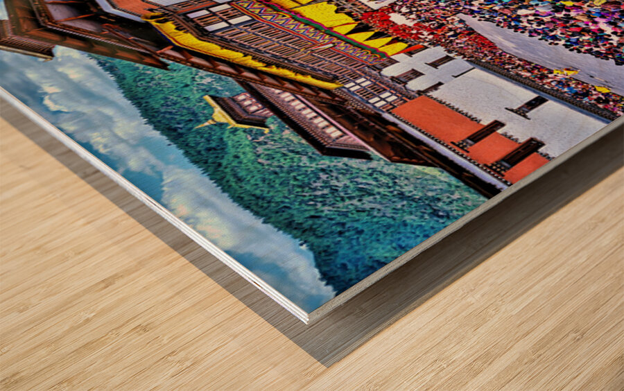 Large crowd at a traditional Bhutanese festival. Wood print