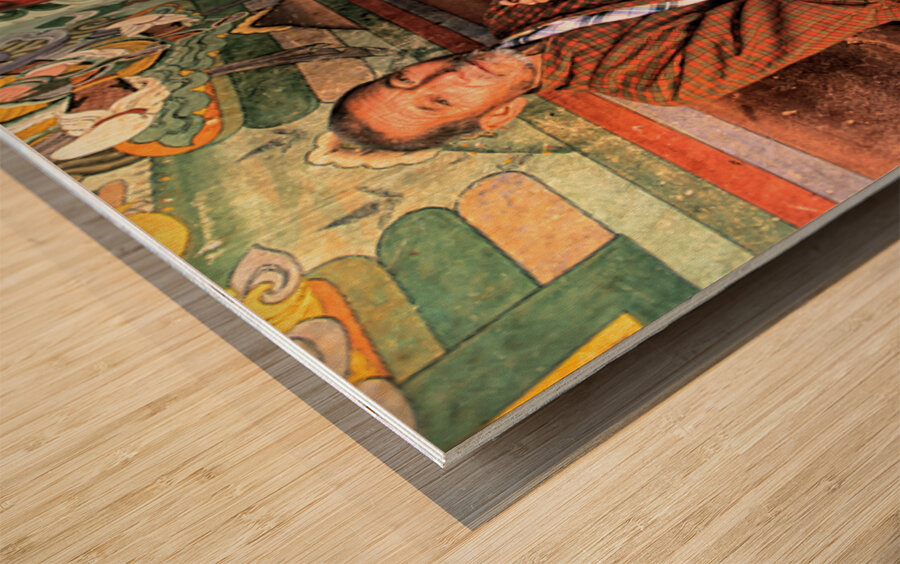 Bhutanese man with prayer beads and spinning prayer wheel. Wood print