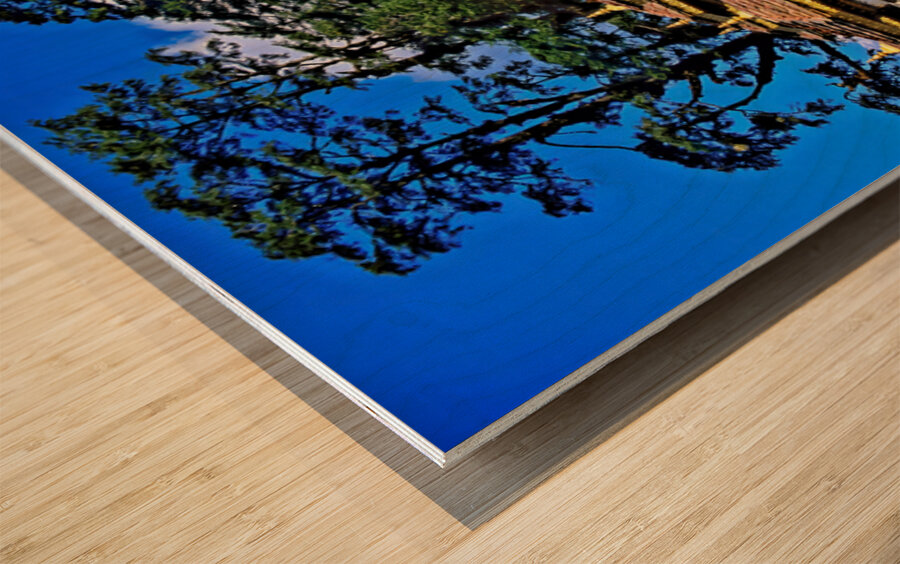 Druk Wangyal Chortens Bhutan with lush trees and blue sky. Wood print