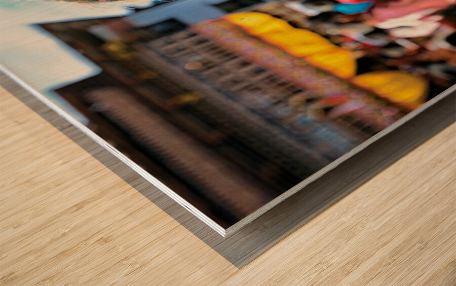 Traditional blue mask at a festival. Wood print