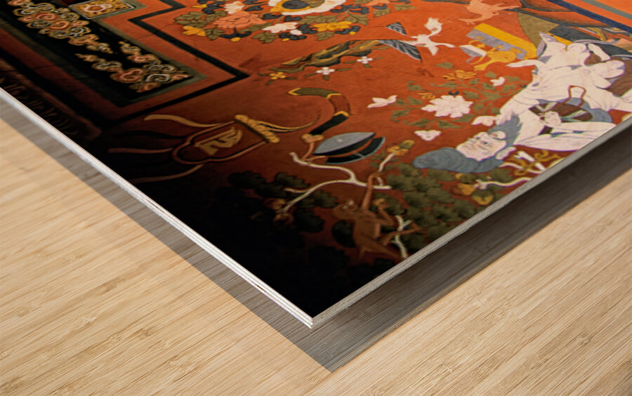 Vibrant wall murals and an ornate red door. Wood print