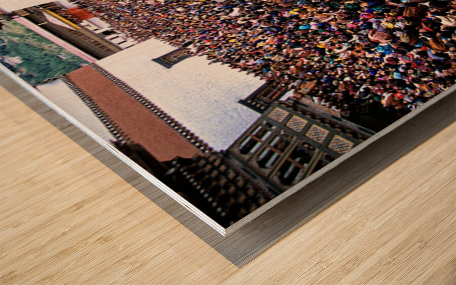 Bhutanese festival: crowd watches traditional dance in monastery Wood print