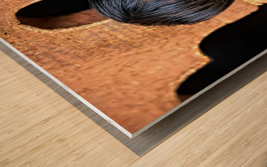 Smiling child peeking from a wooden window. Wood print