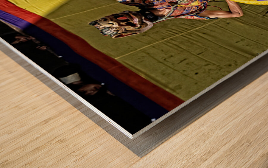 Vibrant masked dancer performs traditional dance. Wood print