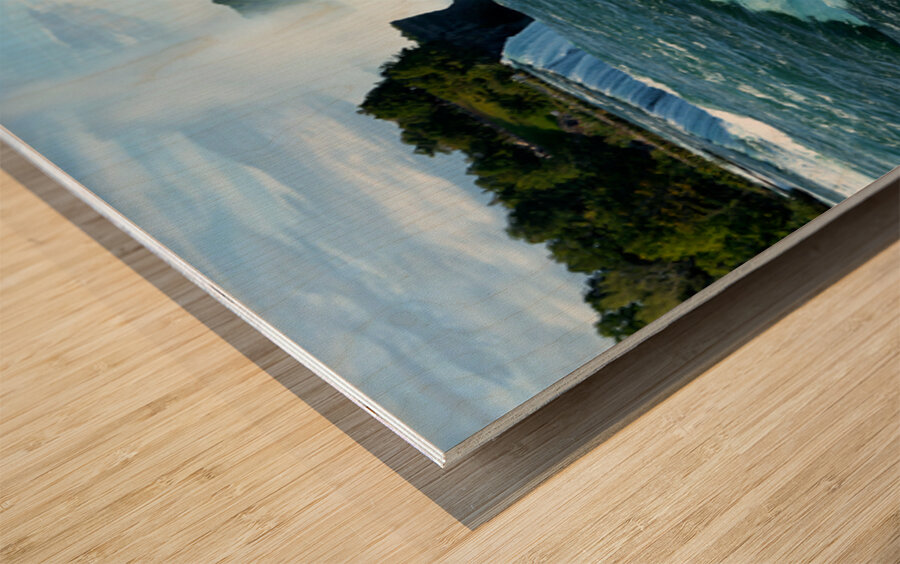 Niagara Falls with city skyline and boat. Wood print