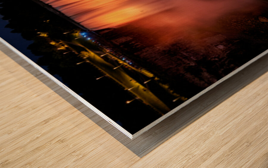 Niagara Falls illuminated orange at night. Wood print