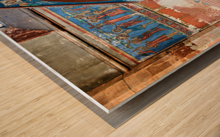 Old wall art and stone altar inside Saint Pierre le Jeune church Wood print