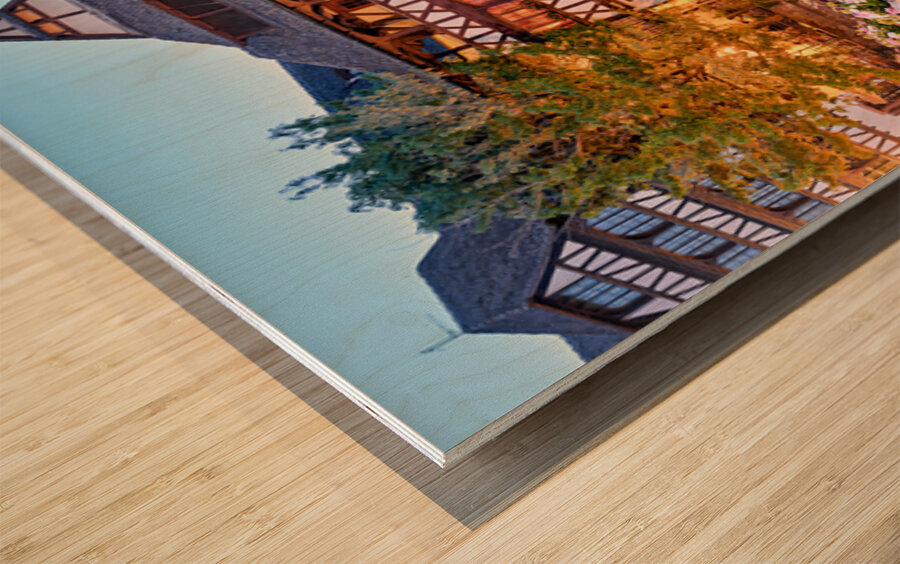 Timber houses in Petit France district by the water in Strasbour Wood print