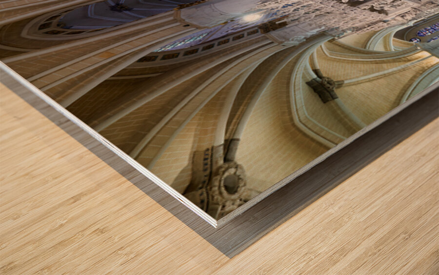 Cathedral interior in Chartres with detailed white altar area Wood print