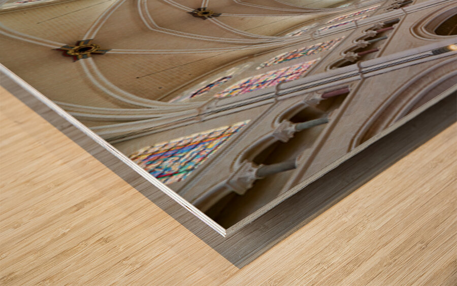 Chartres Cathedral inside with tall arches and wooden chairs Wood print