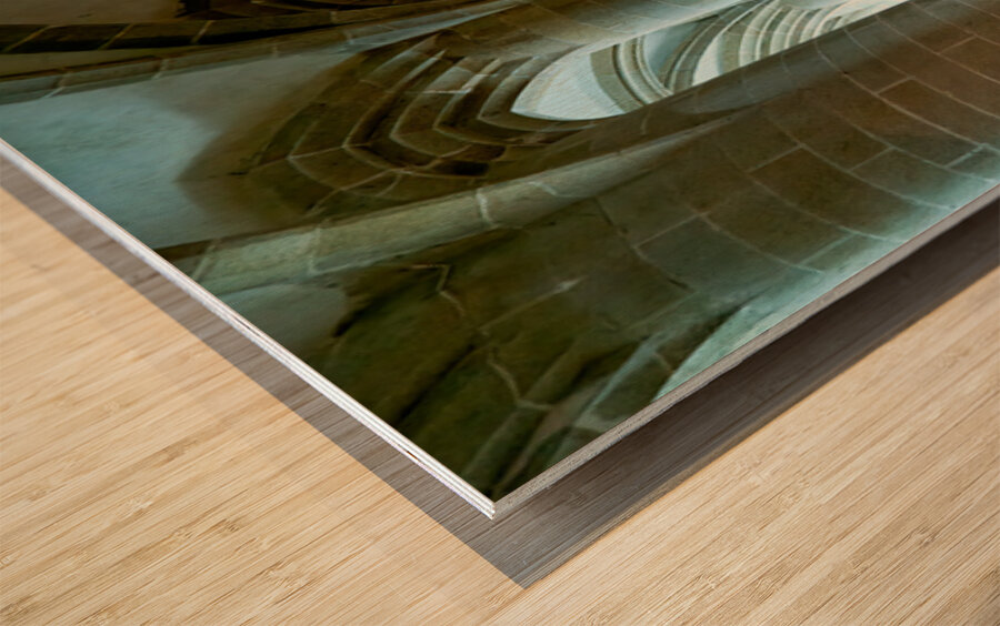 Inside Mont Saint Michel Abbey in Normandy France with stone co Wood print