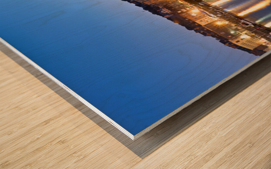 Harbour view of Honfleur at dusk with boats and buildings Wood print