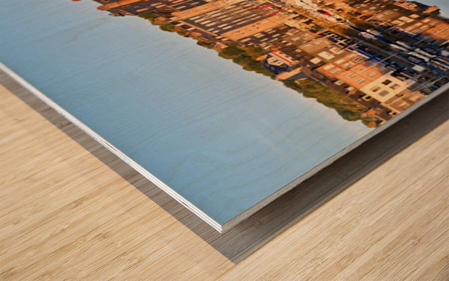 Sunrise view of Honfleur harbor in Normandy France with reflect Wood print