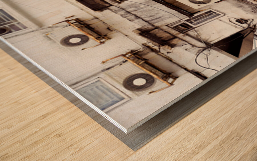 Busy street in Hong Kong shows old building and pedestrians Wood print