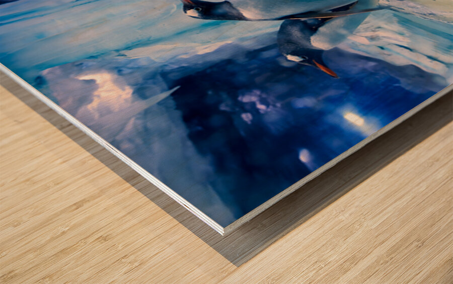 Penguins play on ice near water with a skeleton exhibit in Dubai Wood print