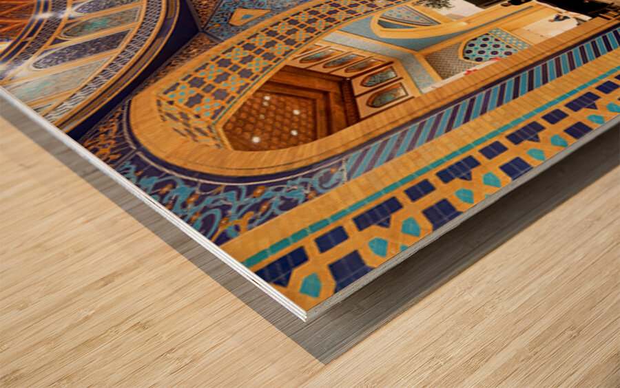 Starbucks store in decorated mall with customers in Dubai UAE Wood print