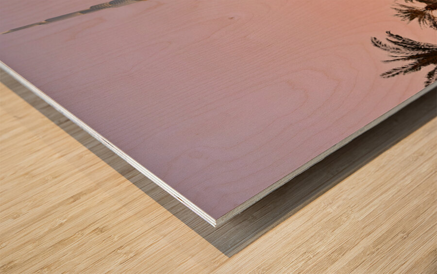 Burj Khalifa towers over pool and traditional buildings in Dubai Wood print