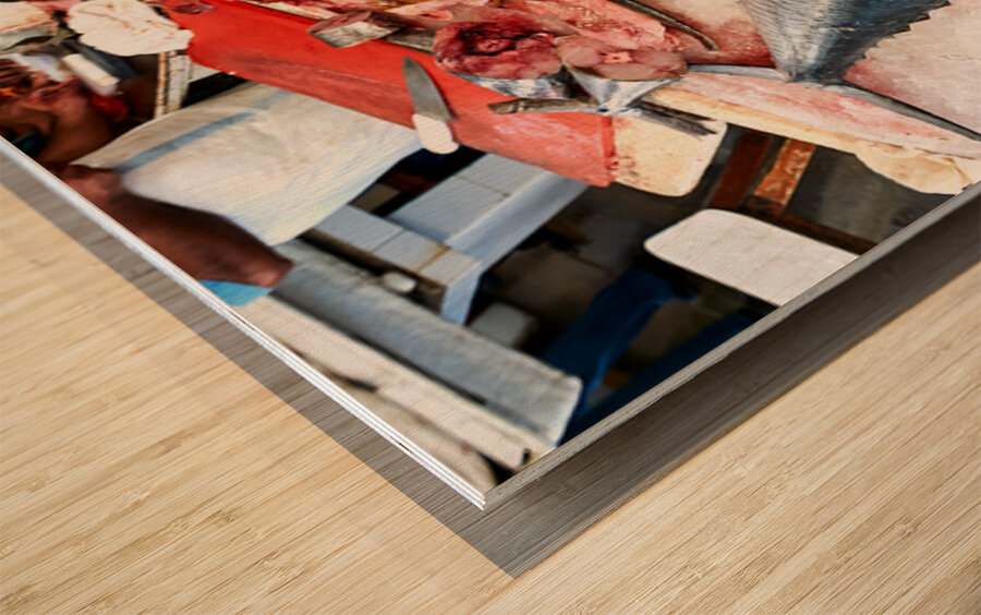 Fresh fish and seafood displayed on ice in Dubai market Wood print