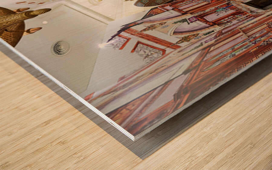 Ornate Middle Eastern interior with chandeliers in Dubai UAE Wood print