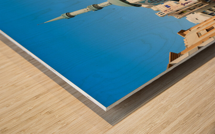 Middle Eastern street scene with mosque and market in Dubai UAE Wood print