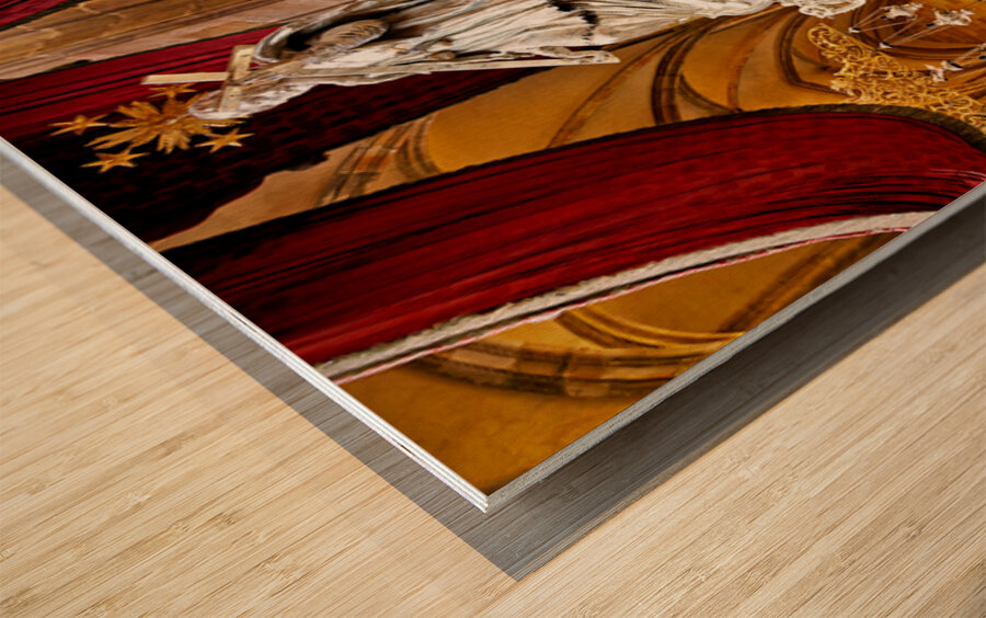 Ornate silver religious monument inside a grand cathedral. Wood print