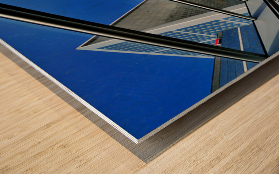 Dining area in Paris with modern building under clear sky Wood print