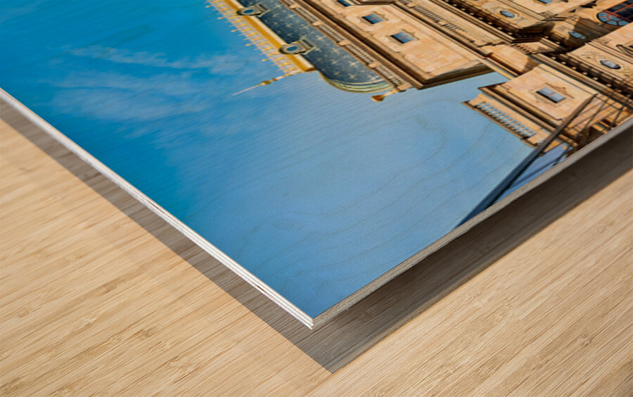 Pragues National Theatre and modern architecture contrast under Wood print