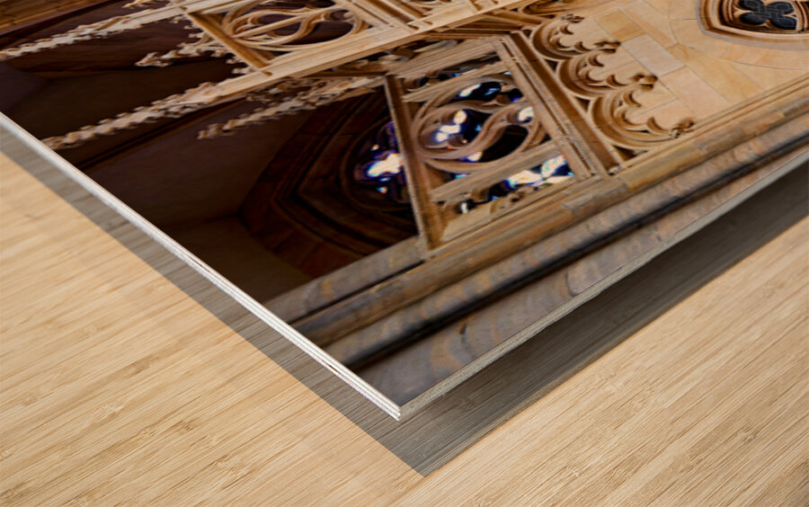 Ornate Gothic spiral staircase and architecture. Wood print