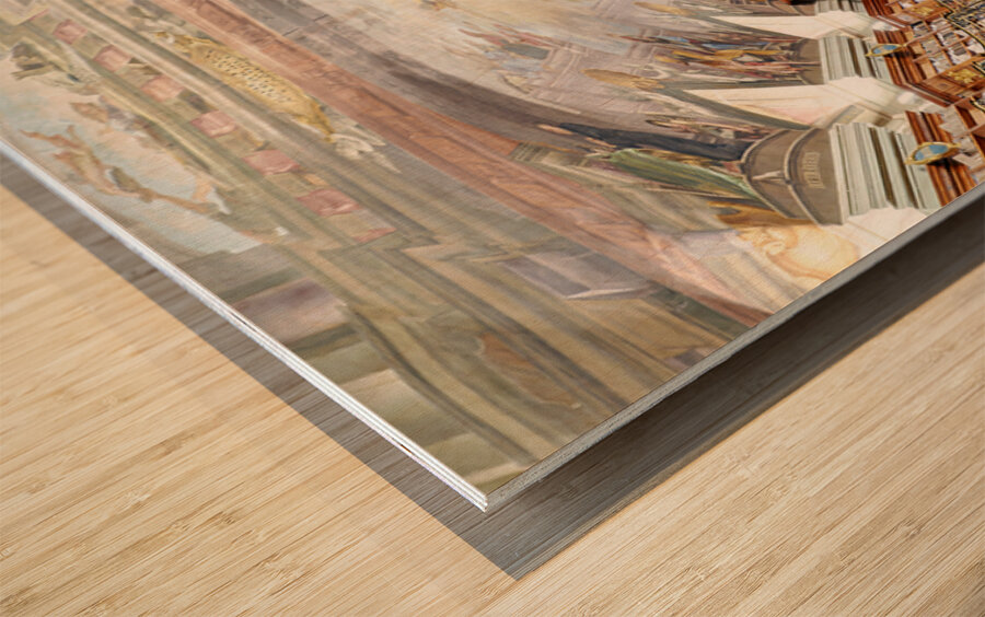 Grand baroque library with painted ceilings and countless books. Wood print