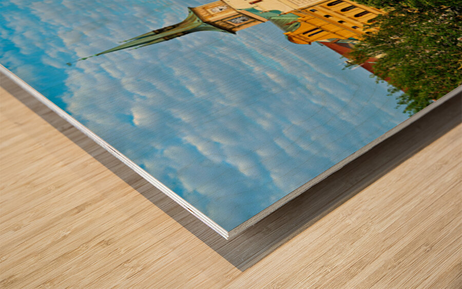 Pragues Vltava riverfront with historic architecture and lively Wood print