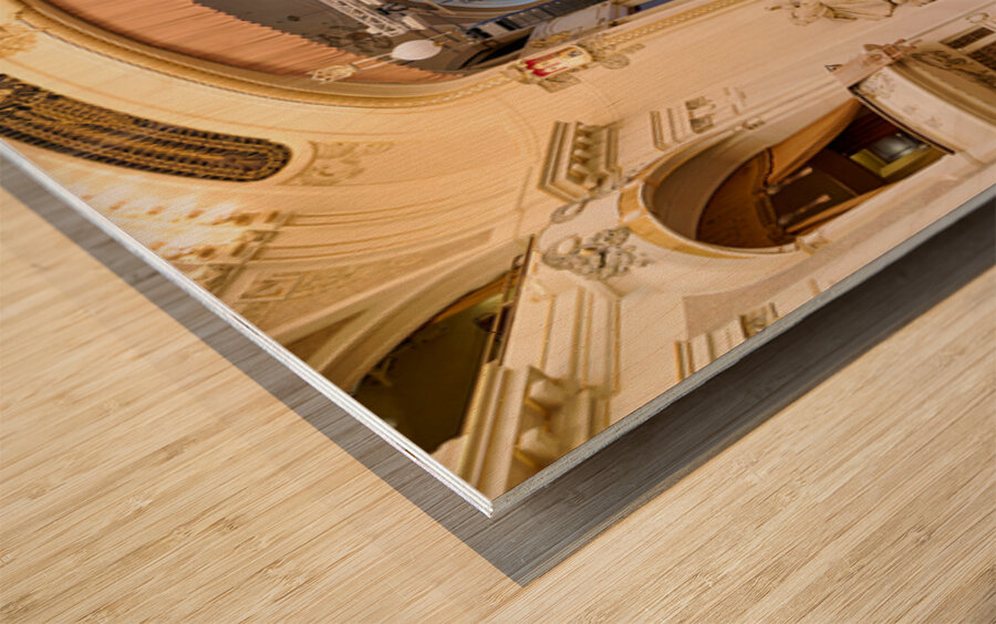 Grand concert hall with organ and empty seats. Wood print