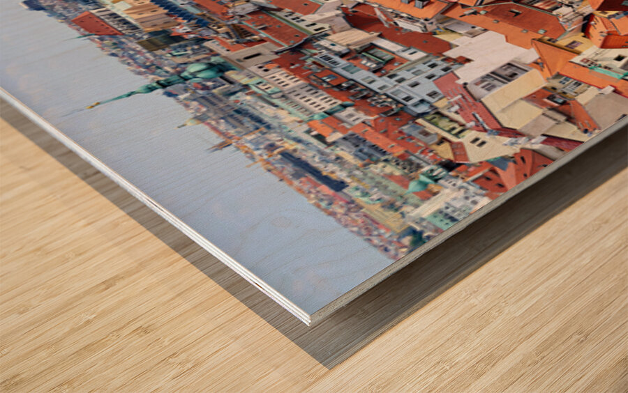 Aerial view of Pragues historic red roofed cityscape and bustli Wood print