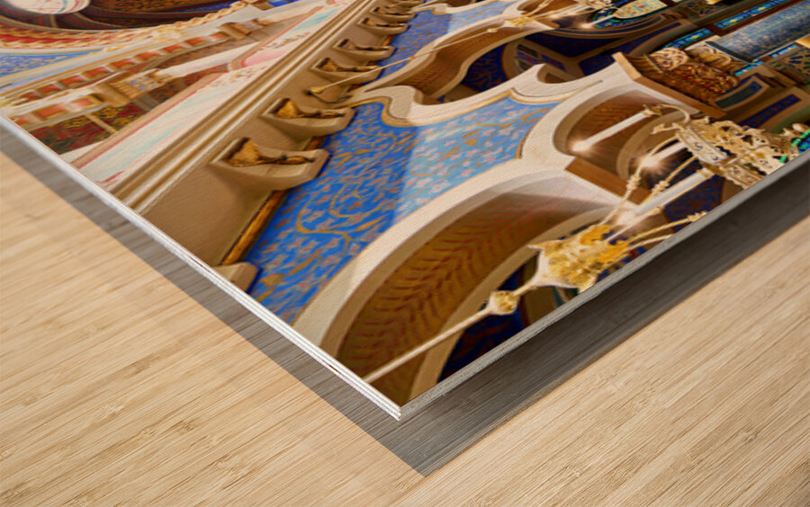 Grand ornate synagogue interior featuring golden ark and pews. Wood print