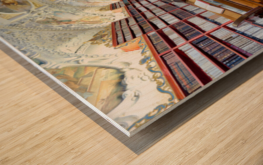 Vast ornate library with countless books painted ceiling and  Wood print