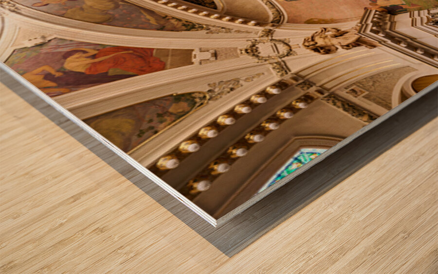 Ornate theater interior with murals sculptures and balcony. Wood print