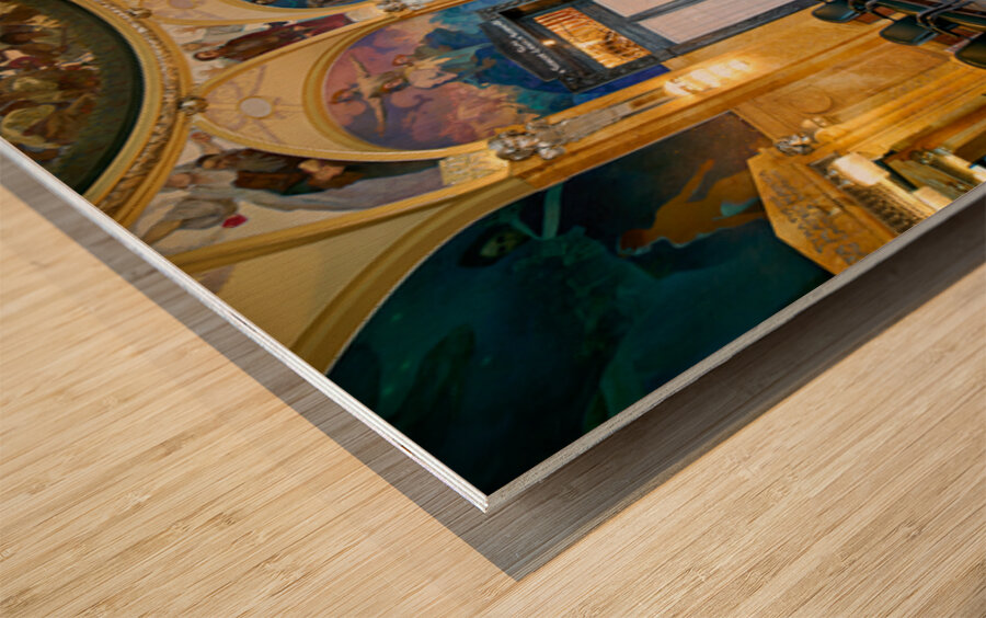 Ornate historic hall with murals arches and elegant seating. Wood print