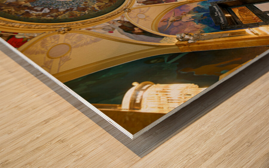 Grand hall with elaborate murals dome and stained glass. Wood print