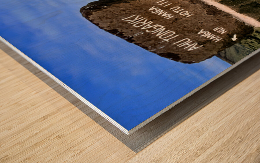 Easter Islands Ahu Tongariki Moai statues and directional sign. Wood print