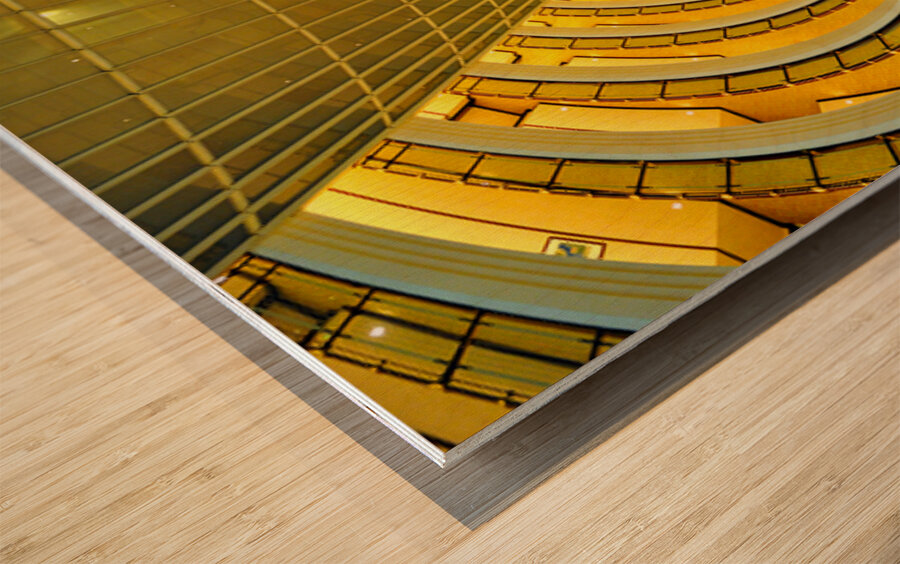 Golden hotel atrium with glass elevator in Shanghai China Wood print