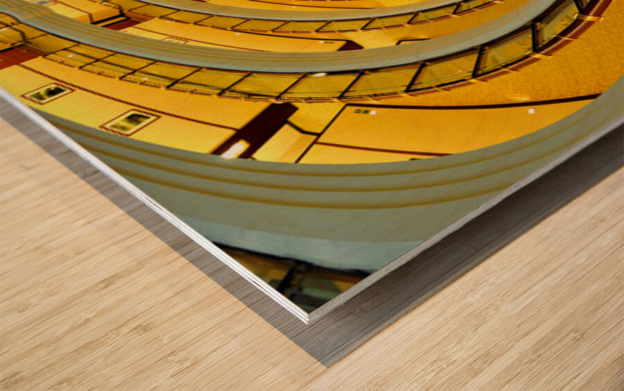 View down a multi story hotel atrium in Shanghai China Wood print