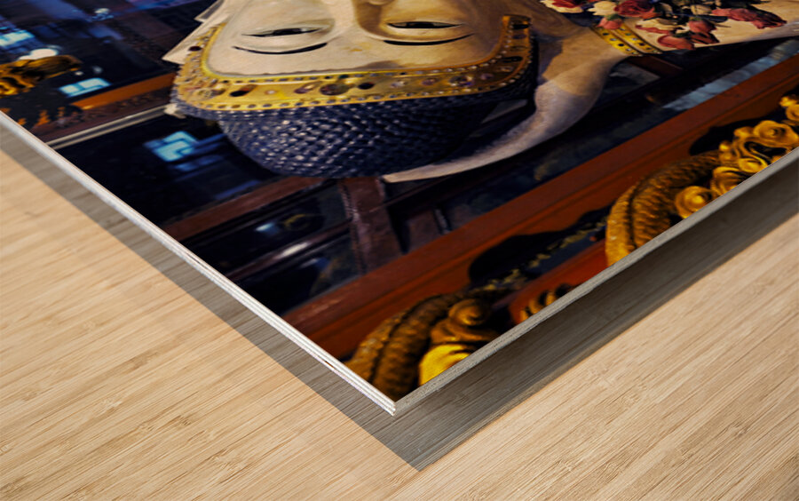 Reclining Buddha statue in Shanghai temple with flowers and gold Wood print