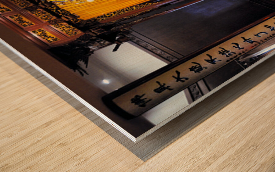 Buddha statue in ornate temple in Shanghai China Wood print