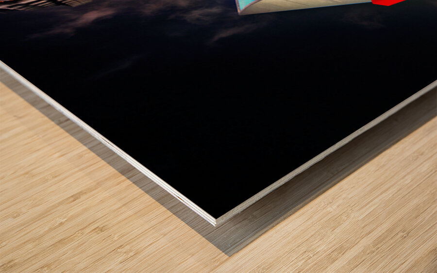 Luminous Shanghai skyscrapers and abstract sculpture at night Wood print