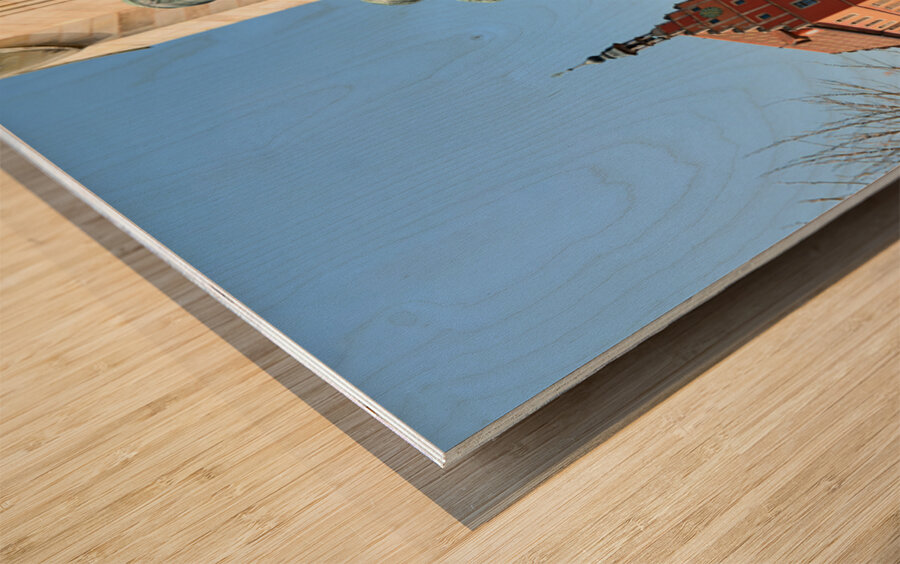 Visitors explore Dinkelsbuhl old town and historical statue Wood print